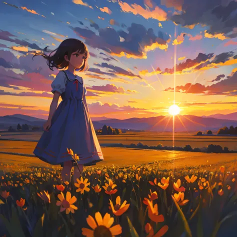 loli standing in field, closeup, portrait, clouds, sunrise