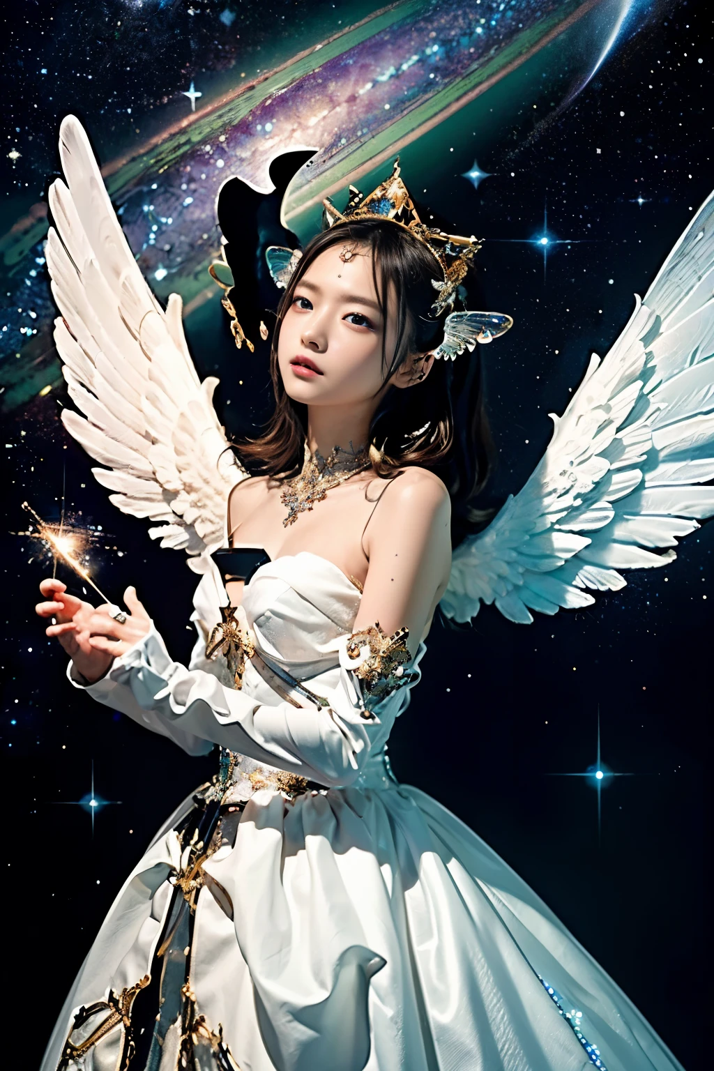 (masterpiece), (highest quality:1.4), disorganized, [:intricate details:0.2], Angel, Angel wings, milky way, null, sparkling aura, Intense concentration, crackling energy, mysterious symbol, sparkling moat,