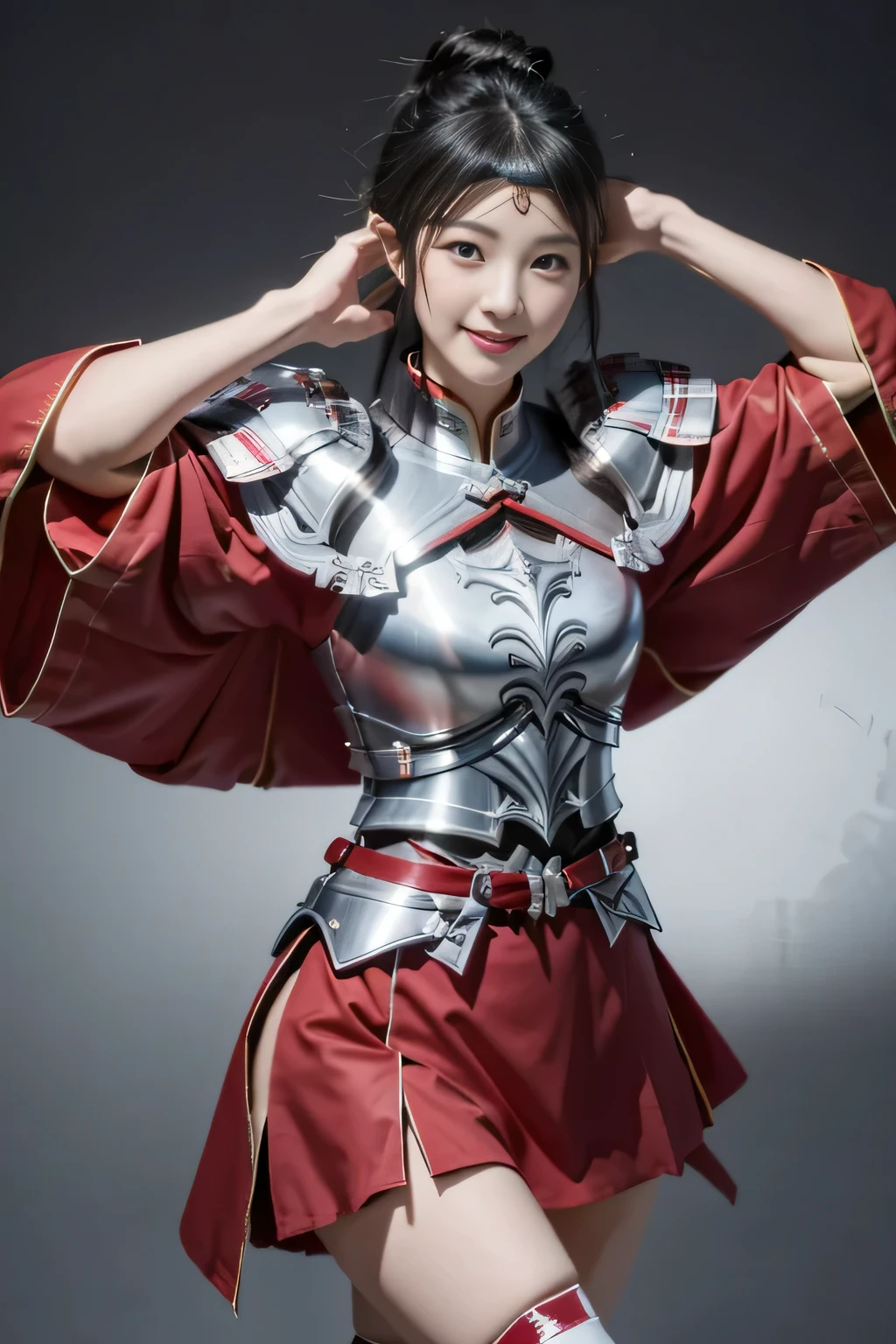 Chinese female general Hua Mulan，Vermilion Hufu lining，，Crimson cape，Silver metal breastplate，silver helmet，battlefield background，majestic，Smile（open mouth）（The corners of the mouth are raised），Leather tunic，Knee armor，Eight clones，silver metal headband，Hair bun raised high。wild wilderness background