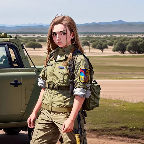 Araffe woman in uniform standing in front of a truck, vistiendo traje militar, Military girl, hermosa mujer soldado, chica solda...
