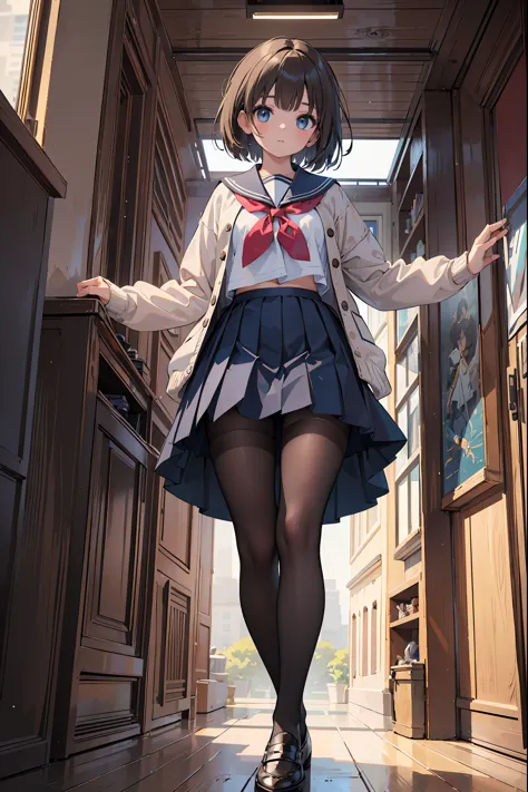 (1 girl), alone, reincarnation of the beauty Aphrodite, brown hair, brown shoes, black legwear, blue skirt. Cardigan, open cardigan, open clothes, black tights with thin details, pleated skirt, , school_uniform, sailor uniform, short_hair, skirt, (highly d...