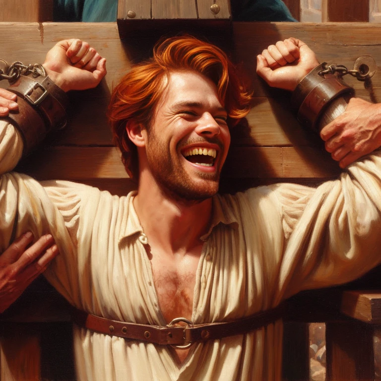 oil painting of a handsome muscular bald man  laughing hands restrained and feet restrained in a pillory his ribs tickled by hands reaching from behind him his sides tickled by fingers reaching from behind him  and feet tickled by hands reaching from below him