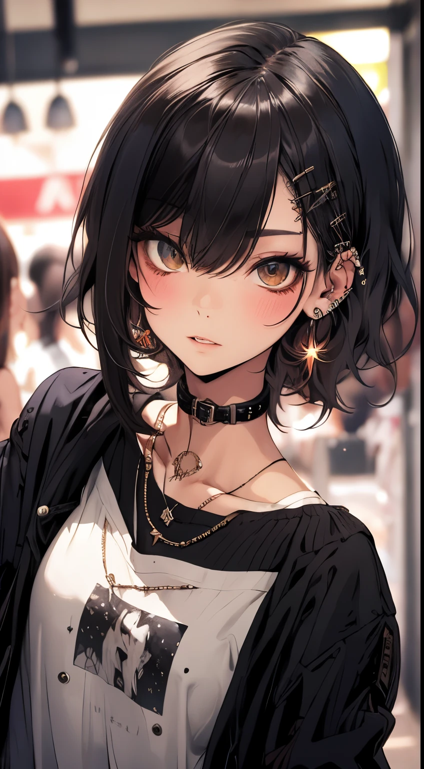 obra maestra, Mejor calidad, pixiv, Chica cool, muchos piercings, pendientes, dark brown hair, Pelo RIZADO, flequillo contundente, flequillo recto, ojos grises, pale skin, Gallon, mejorar