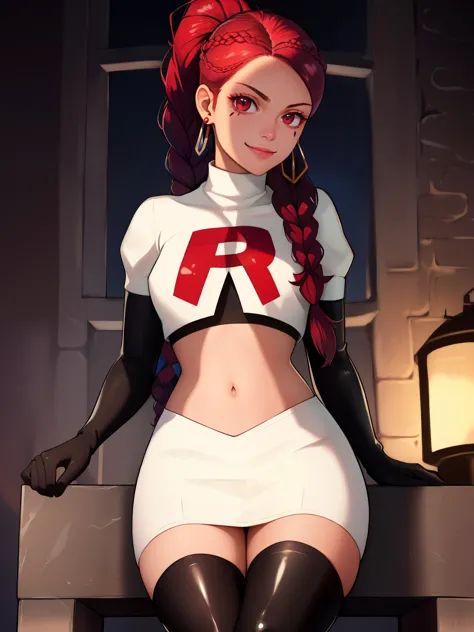 petra_academy, braided ponytail, facial mark, ,glossy lips, earings ,team rocket uniform, red letter R, white skirt,white crop top,black thigh-high boots, black elbow gloves, closed mouth, evil smile, looking down on viewer, sitting down ,legs crossed, nig...