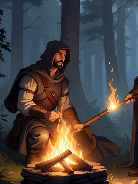 three people in medieval clothing are standing around a campfire, roleplaying game art, rpg illustration, medieval fantasy game art, fantasy rpg book illustration, epic rpg artwork, dnd in a dark forest, d & d digital painting, d & d fantasy digital painti...