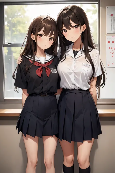 High quality, anime, full body, two girls ((Japanese, cute, narrow between the eyes, large eyes, small nose, brown hair, medium-long wavy hair, large breasts, slender, school uniform) and (Japanese) , cute, narrow eyes, hanging eyes, small nose, black hair...