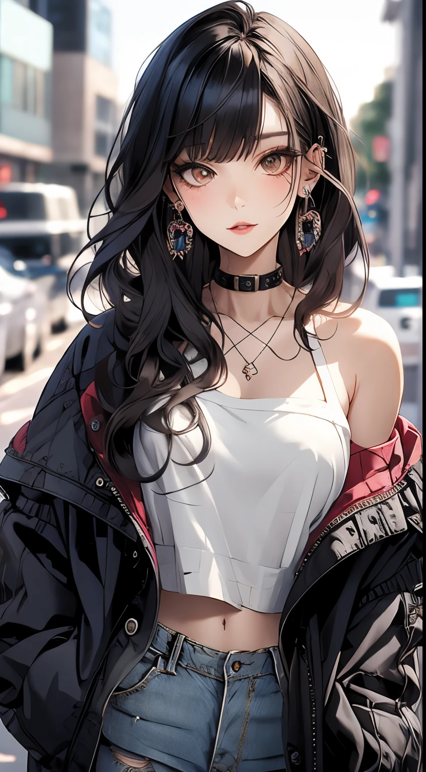 Anime girl with long black hair and white top and blue jeans - SeaArt AI