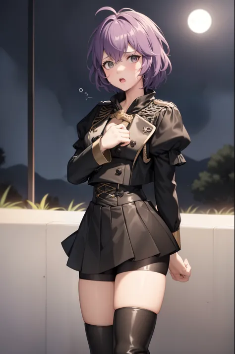 masterpiece, best quality, defBernie, black jacket, black skirt, spandex shorts, thigh boots, standing, looking at viewer, upper body, shocked, spoken exclamation mark, night, moon, trees 