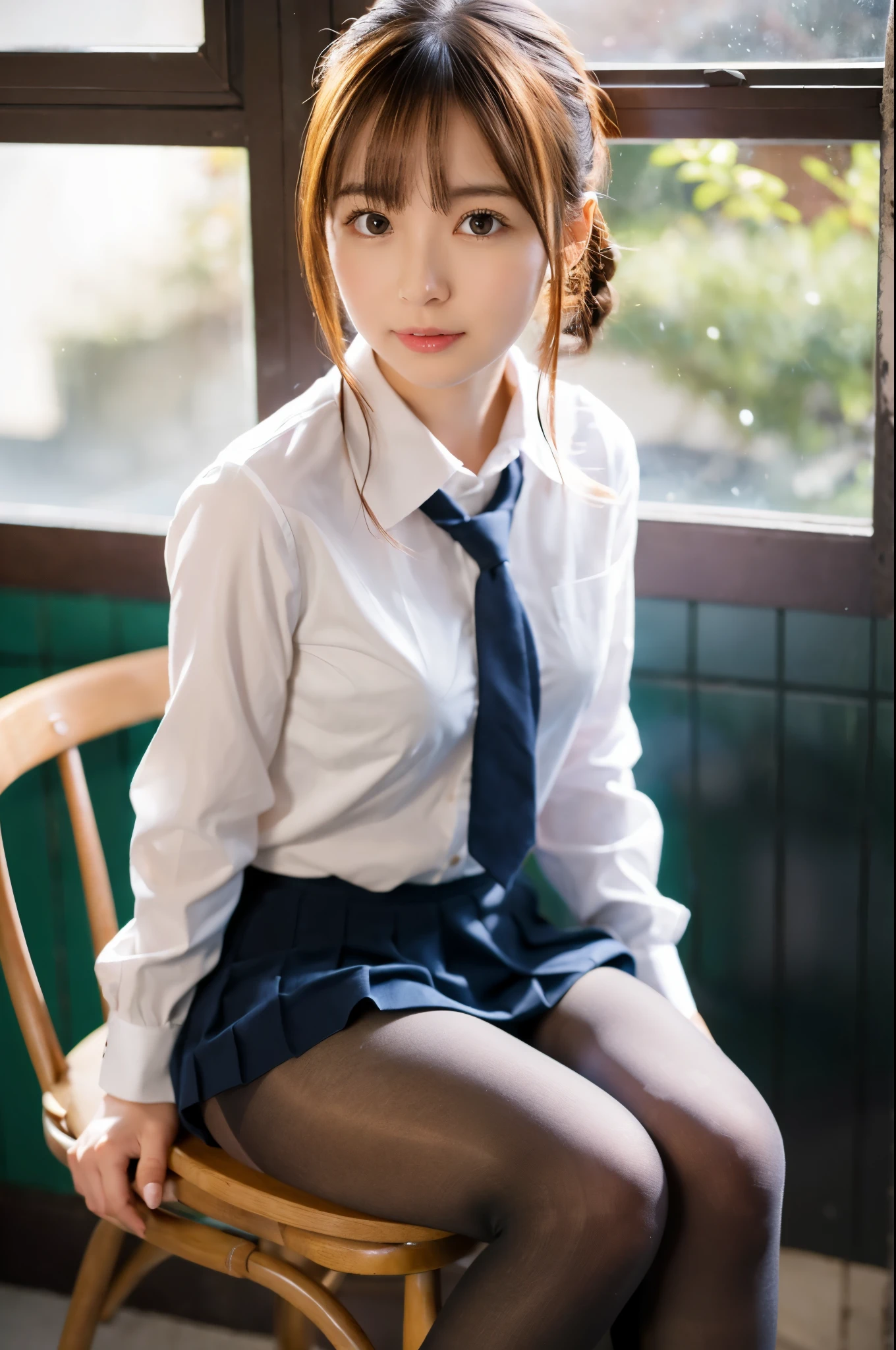 ulzzang -6500-v1.1, (Raw Photo:1.2), (Realistic Photo), Beautiful Girl with High Detail, (Realistic:1.4), Beautiful eyes and face with High Detail, Beautiful eyes with High Detail, Japanese school uniform, School uniform, (Ultra Realistic Pantyhose:1.2), Shoeless, Sitting on a chair, (Ultra Realistic pantyhose:1. 2), shoeless, toes, sitting on chair, big file size, high resolution, very detailed, best quality, [masterpiece:1. 6], illustration, very detailed, nffsw, detailed, best quality, 8k wallpaper, movie lighting, one girl, 17 years old, perfect figure, cute droopy eyes, beautiful big eyes, eyes , (( masutepiece)), best quality, 1 girl, eyeshadow, ((FULL BODYSHOT:1.4)), (とても愛情深い笑顔:1.2),.
