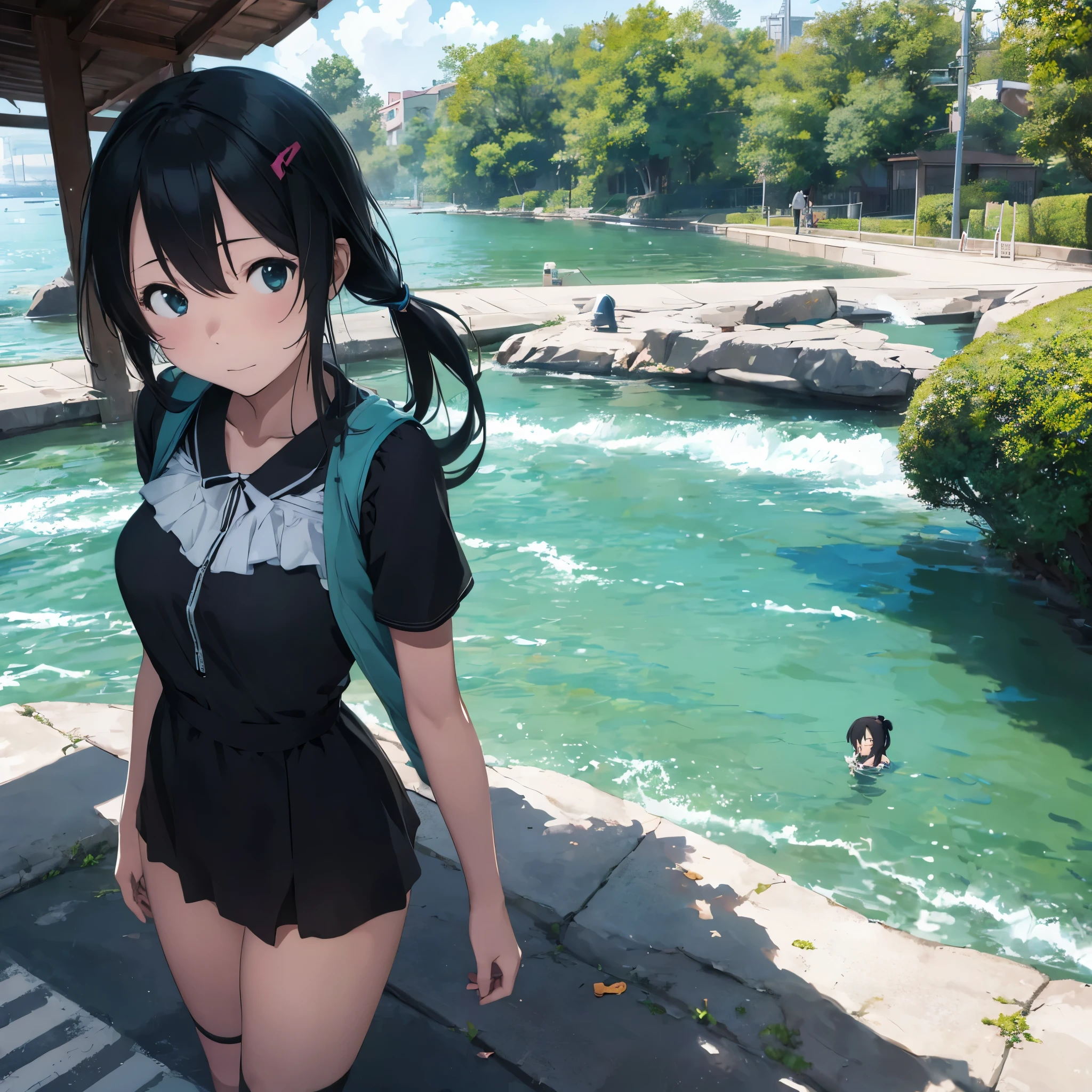  Hatsune Miku,1 garota,vestido preto,Um parque com vista para o mar, lindos seios,CG 2D, arte digital avançada de anime, personagem de anime