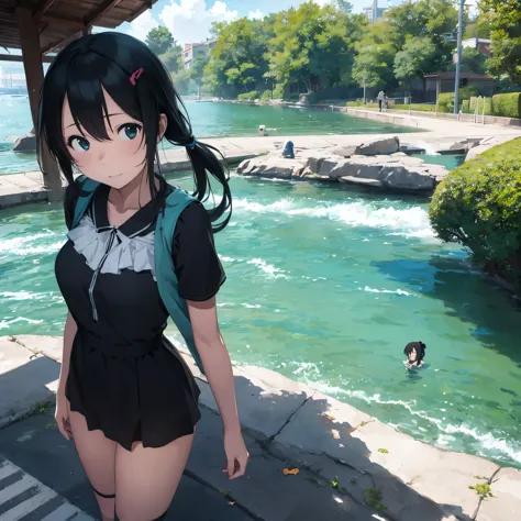 Hatsune Miku,1 girl,black dress,A park with a view of the sea, beautiful breasts,2D CG, Advanced digital anime art, anime chara...