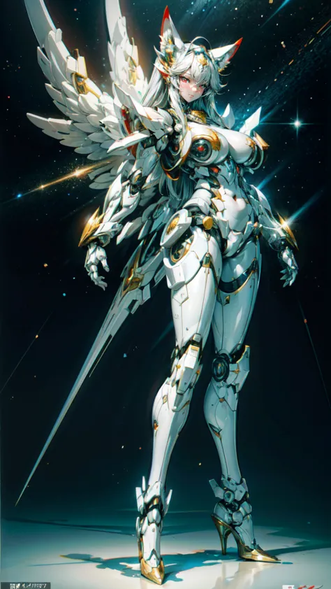 A beautiful mechanical girl，fox ears，Machine girl，There are huge white mechanical wings on the back，tall，Perfect mechanical body...