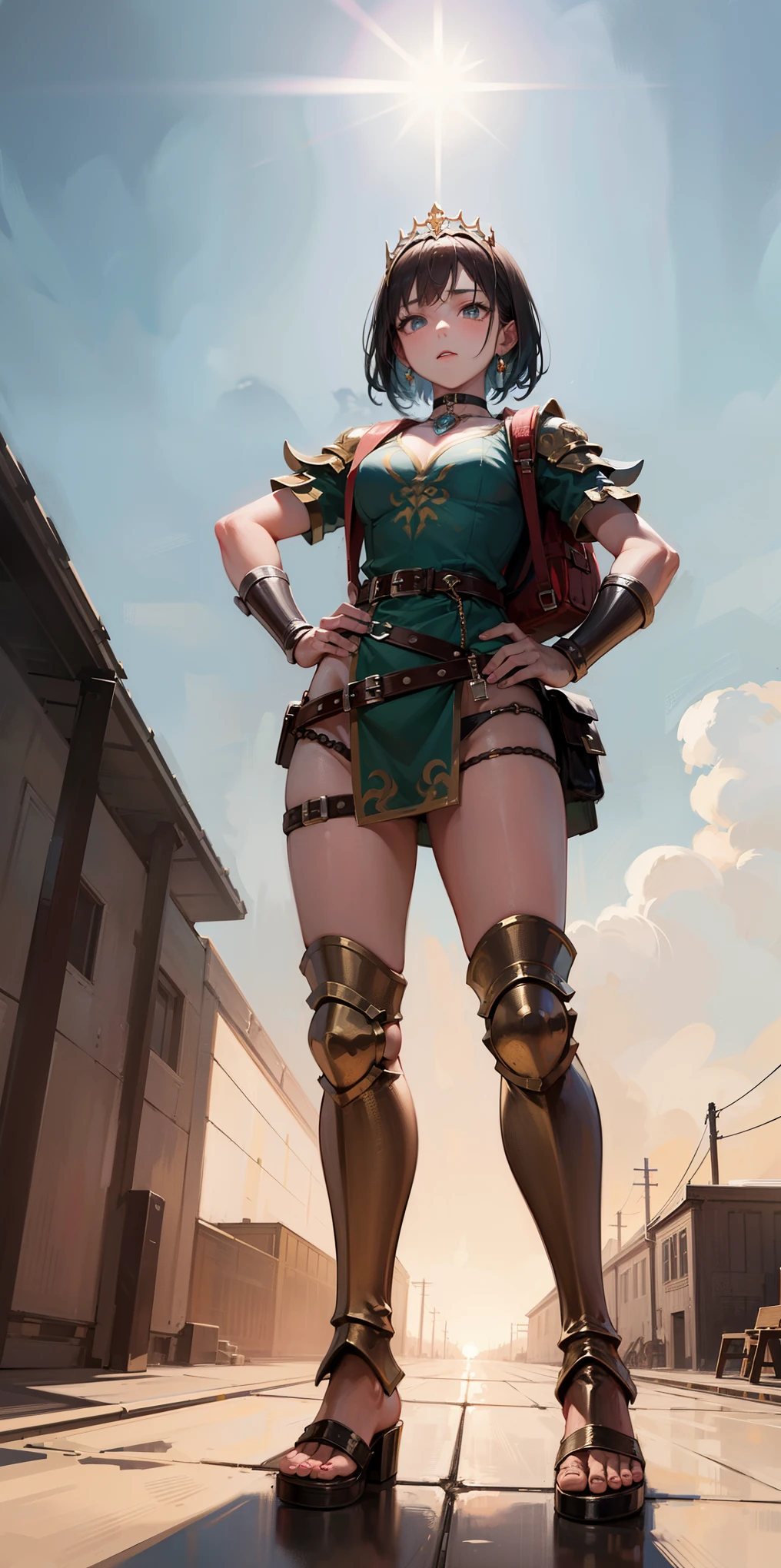 full body, whole body. 1solo (girl). slave fighter, loincloth standing, hands on hips full body, whole body. 1solo (girl). slave fighter, loincloth standing, hands on hips, metal sandals, backpack, choker, big belt, view from below, feet together, bracers, tiara
