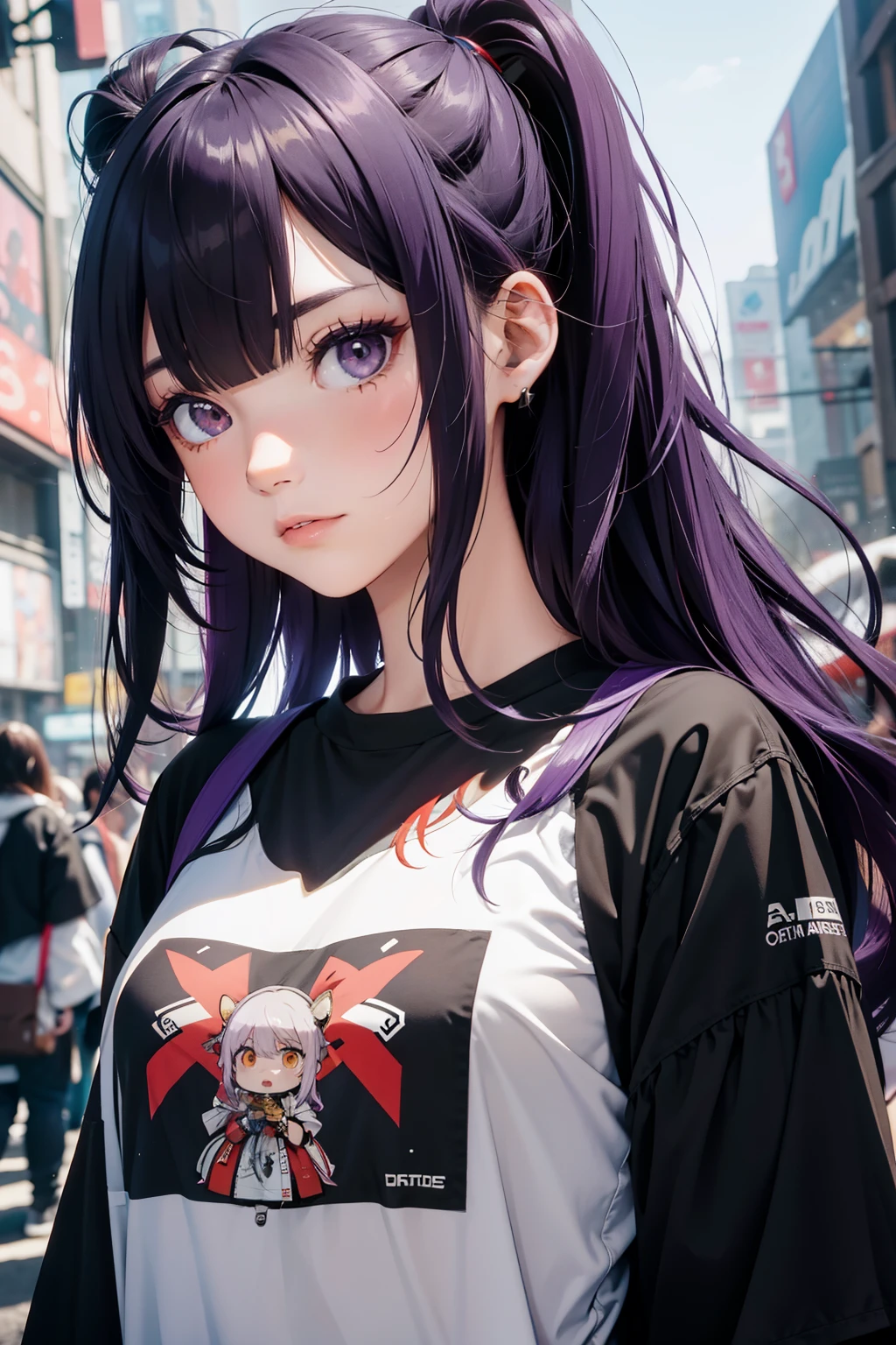 camisetas sin mangas, joven 1chica, Solo, Sakifuwa, ojos vidriosos, cabello muy largo, cola de caballo, ojos naranjas, pelo negro, ahogo, Medias negras, polainas largas, lock of purple hair, Falda larga muy morada, elegante en cyberpunk, Noche