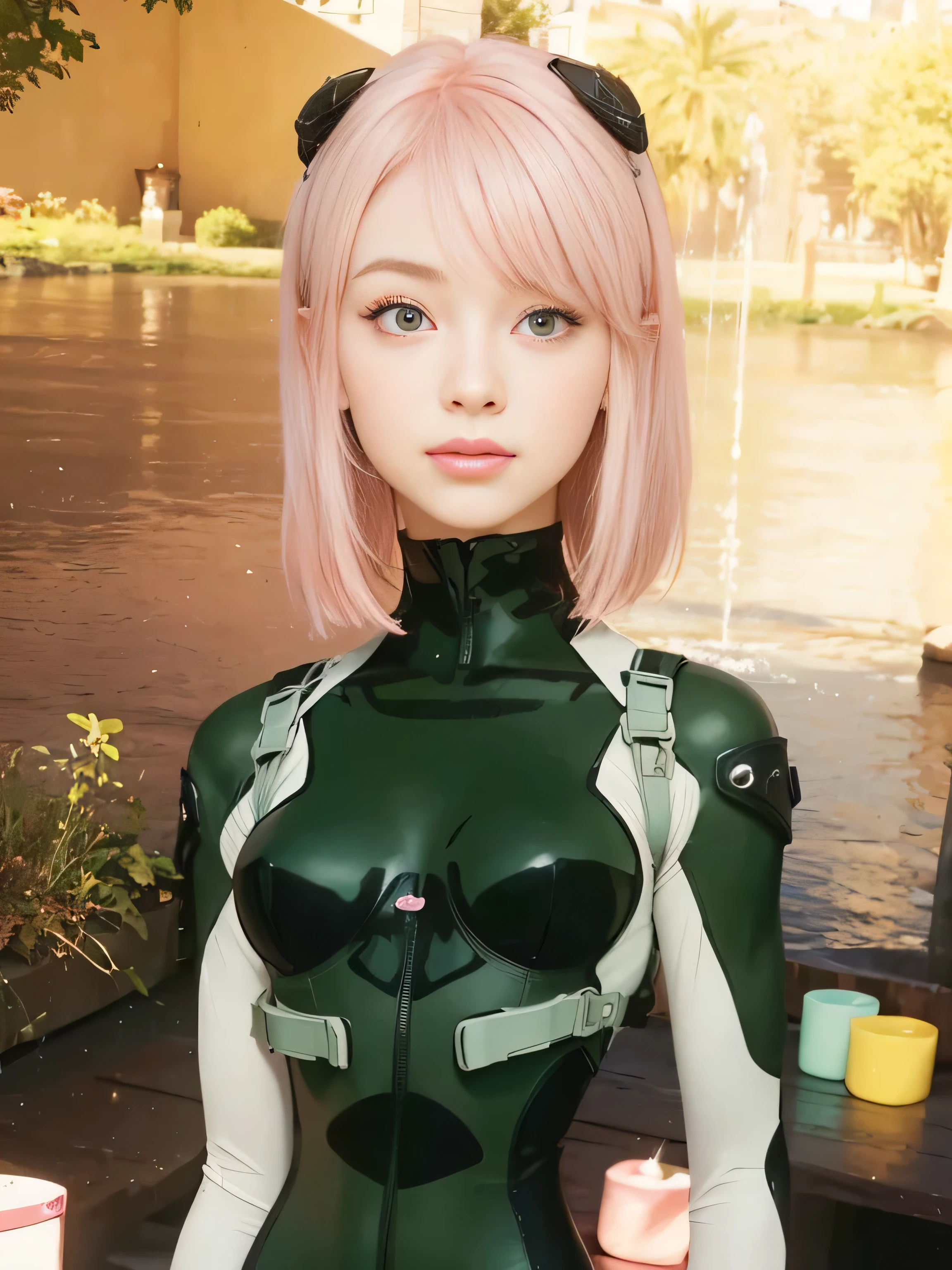 masterpiece, best quality, (realistic,photo-realistic:1.4), (RAW photo:1.2), extremely detailed CG unity 8k wallpaper, delicate and beautiful, amazing,finely detail, official art, absurdres, incredibly absurdres, huge filesize, ultra-detailed,extremely detailed eyes and face,light on face,little smile,(pink hair:1.4),short hair,garden,(wearing bodysuit:1.4),outdoor,garden,green eyes