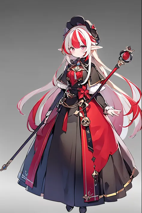 ((masterpiece)), ((best quality)), 1girl, solo, Concept art, standing figure painting, (elf), BREAK blonde long hair, ((highlights hair, red streaked hair)), red cool eyes, BREAK (red and black theme), wizard costume, having a magical staff, BREAK ((no bac...