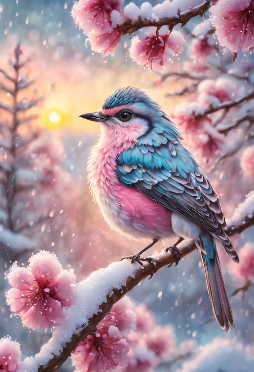 A beautiful hyper-fluffy hyperrealistic bird on a branch with pink flowers and snow. Small water drops, shining. Sunrise. Pastel...