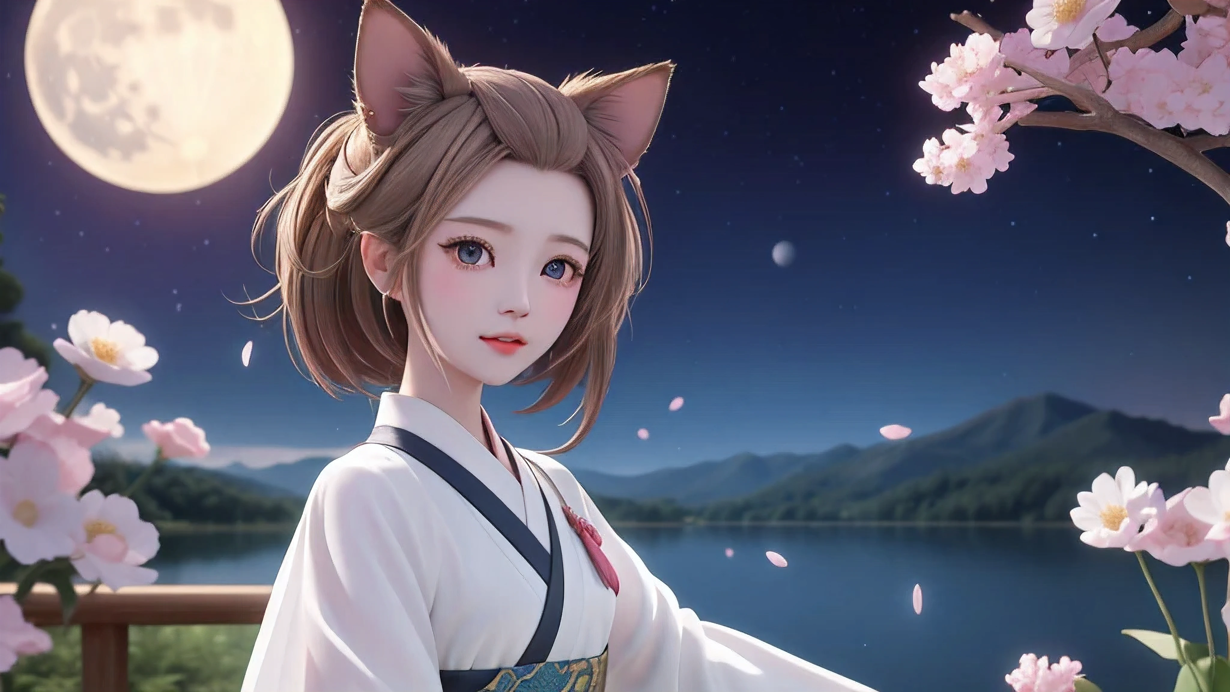 masterpiece, best quality, 8k, wonderful, lake, mountain, bamboo forest, wooden house, moon, night, star sky, Galaxy, blossom, wood boat, 1girl, brown hair, brown eyes, bangs pinned back, forehead, animal ears, animal tail, very long sleeves, petite, kimono, girl, hair beautiful, , yugioh, ash blossom & joyous spring, cry, tear, look the other way, background clear full HD, small eyes, platinum hair