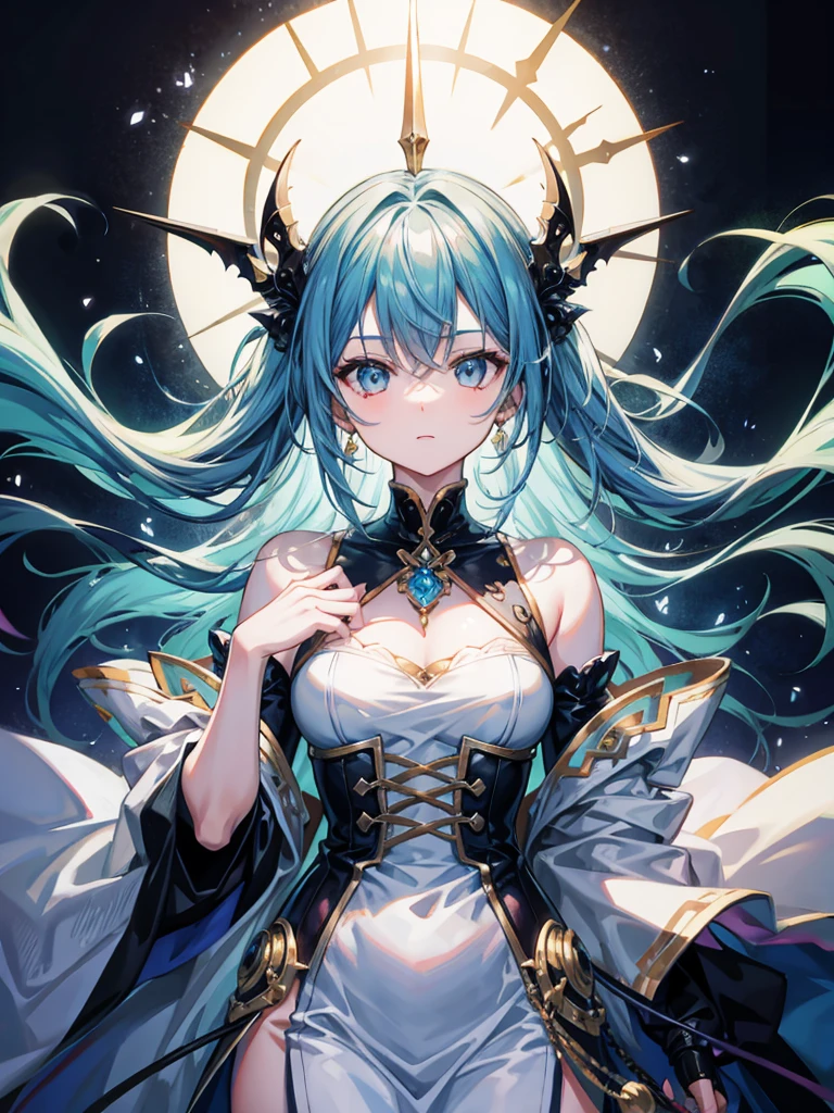 （（（masterpiece、Highest image quality、highest quality、highly detailed unity 8ｋwallpaper）））、（（Illustration of one girl、upper body））、（（（beautiful girl）））、（librarian）、blue hair、（stocky build, thickset physique：1.3, broad shoulders, solid chest）、（（（flat chest）））、white robes