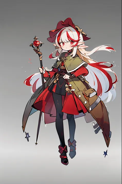 ((masterpiece)), ((best quality)), 1girl, solo, Concept art, standing figure painting, (elf), BREAK blonde long hair, ((highlights hair, red streaked hair)), red cool eyes, BREAK (red and black theme), wizard costume, having a magical staff, BREAK ((no bac...