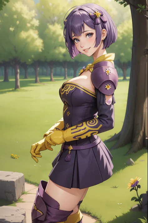 masterpiece, best quality, warBernie, purple dress, cleavage, hair bow, yellow gloves, purple boots, looking at viewer, smile, from side, flowers, trees  