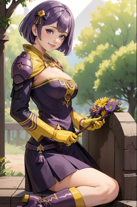 masterpiece, best quality, warBernie, purple dress, cleavage, hair bow, yellow gloves, purple boots, looking at viewer, smile, from side, flowers, trees  
