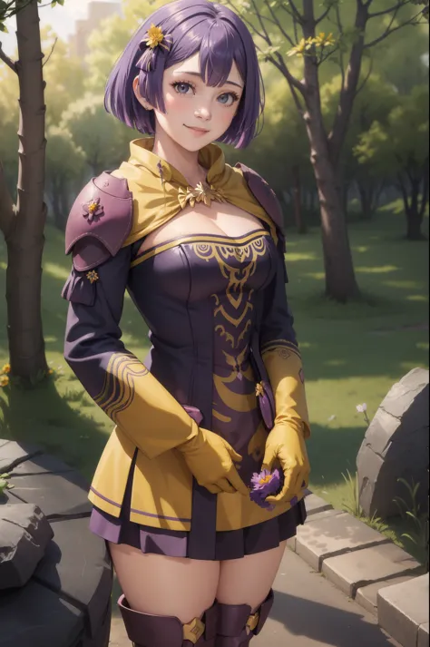 masterpiece, best quality, warBernie, purple dress, cleavage, hair bow, yellow gloves, purple boots, looking at viewer, smile, cowboy shot, upper body, flowers, trees  