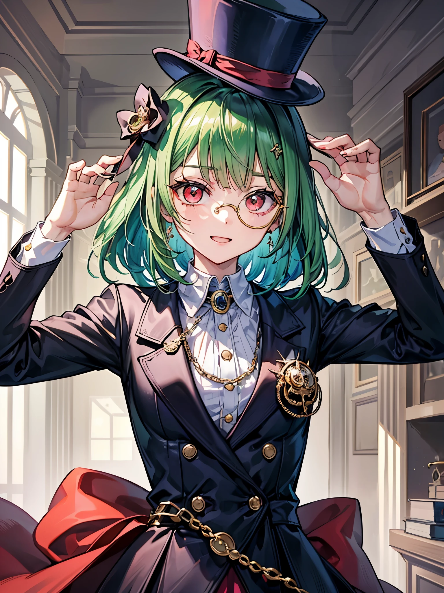 （（（masterpiece、Highest image quality、highest quality、highly detailed unity 8ｋwallpaper）））、（（Illustration of one girl、upper body））、（（（beautiful girl）））、（librarian）、（Emerald green hair、sidelocks：1.2、red eyes）、（（（crazy smile）））、monocle、pocket watch、（（（Black top hat、tuxedo）））、grand library