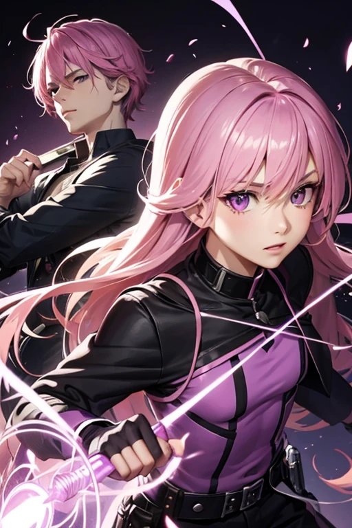 A pink haired handsome male teenager with violet eyes is fighting a shadow creature