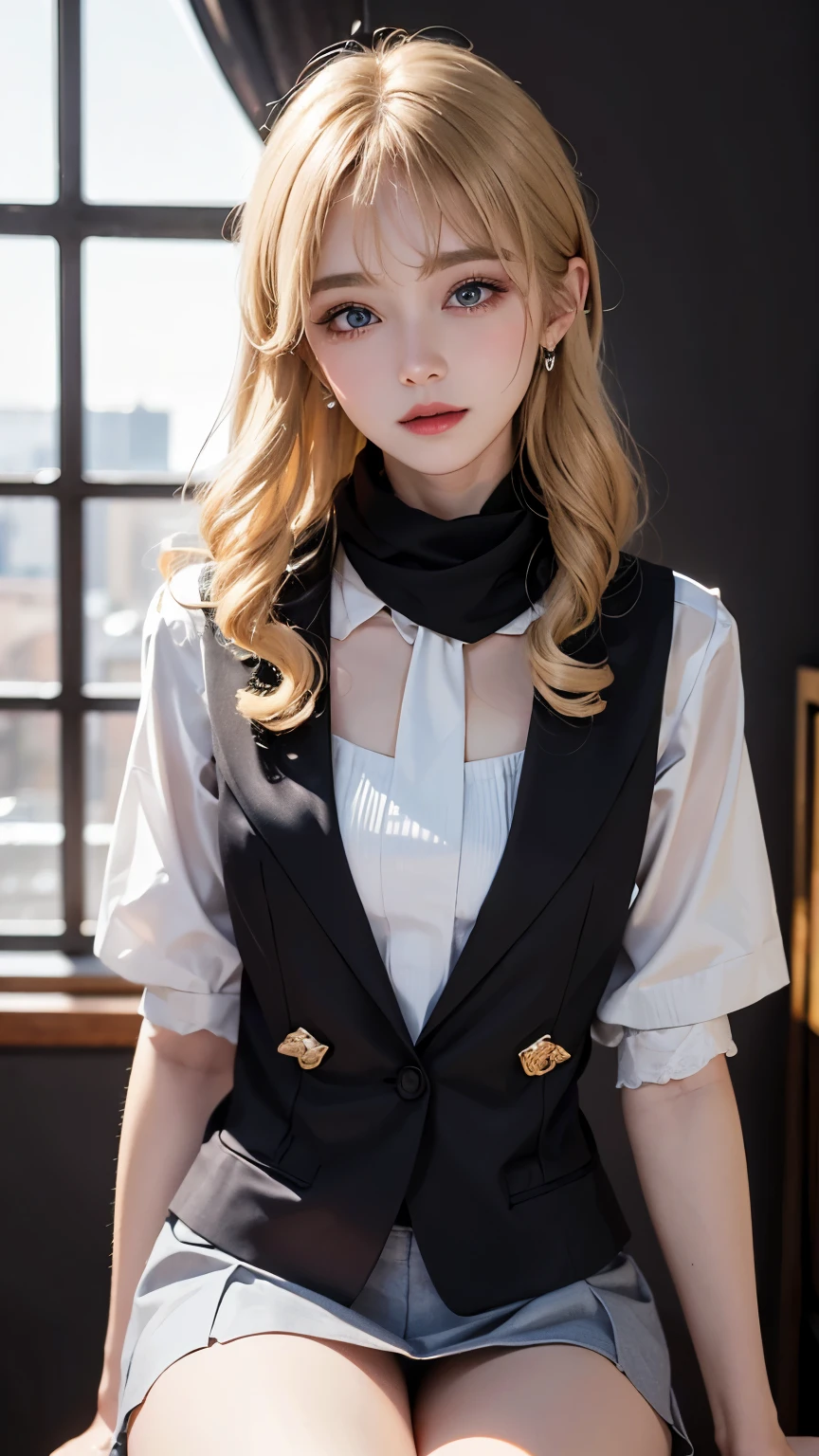 （RAW，best quality，masterpiece：1.5），（Photos are real，intricate details：1.2），super high，absurd，1girl，beautiful face，blue eyes，，Detailed eyes，symmetrical eyes，light in face，blush of nose，long hair、curls，blond、black tie、clk、Vest、Suit、Pencil miniskirt、White shirt、silk scarf、black pantyhose、[:20d、:0.8]、Smile、Small dimples、Sexual innuendo、Medium chest、thin waist、thin legs、long legs、sitting on chair in front of desk、Perfect body、good proportions、looking at the audience、（office、indoor、Super detailed background：1.2）、Japan, copy machine, File cabinets, , monitor, shiny skin, Realistic skin texture, natural lighting, best lighting, detailed background, Detailed shadows, sharp focus, Depth of field f/2, saturate, high contrast,Intense light and shadow