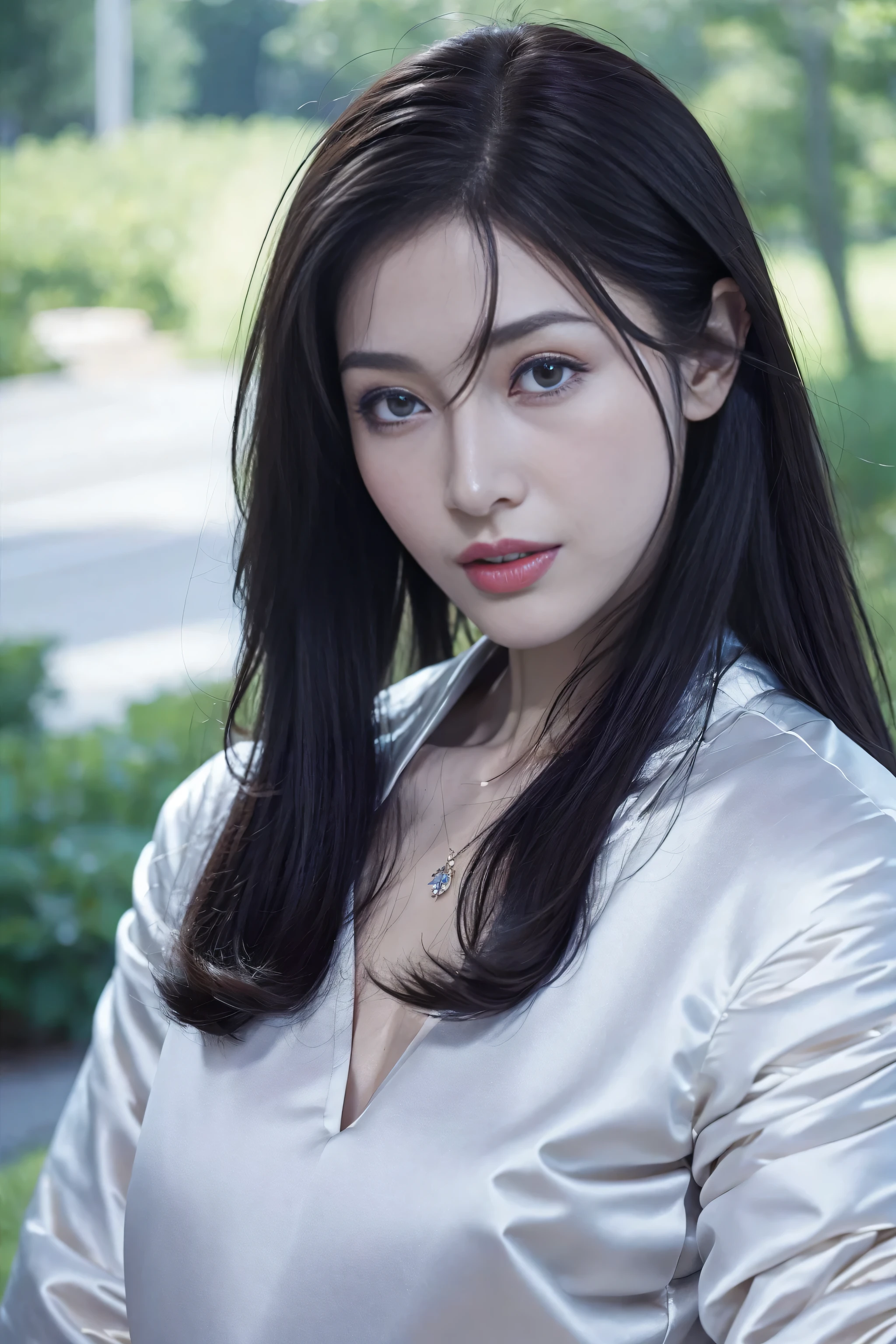 top-quality、超A high resolution、(Photorealsitic:1.4)、Cinematic,Bewitching beauty,Colossal 、up looking_で_viewer、detailed face details、beatiful detailed eyes、Silvery hair、blue eyess、Thin、Bewitching look、(makeups:0.3)、red-lips、Very detailed clothes、(ulzzang -6500-v1.1:0.3)