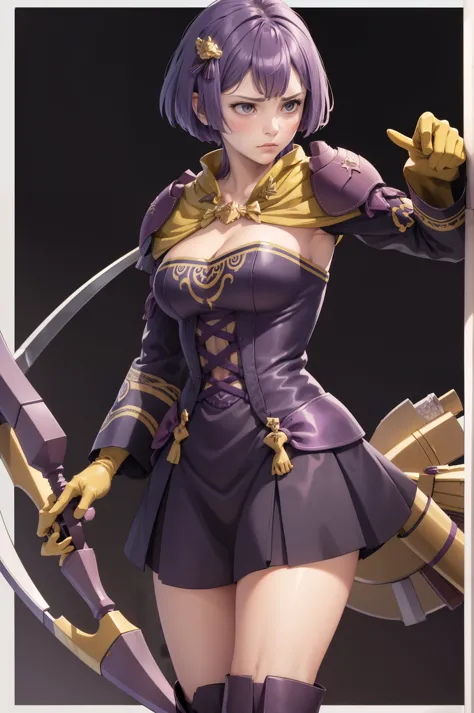 masterpiece, best quality, warBernie, purple dress, cleavage, hair bow, yellow gloves, purple boots, standing, furrowed brow, serious, BowAiming, bow \(weapon\), aiming