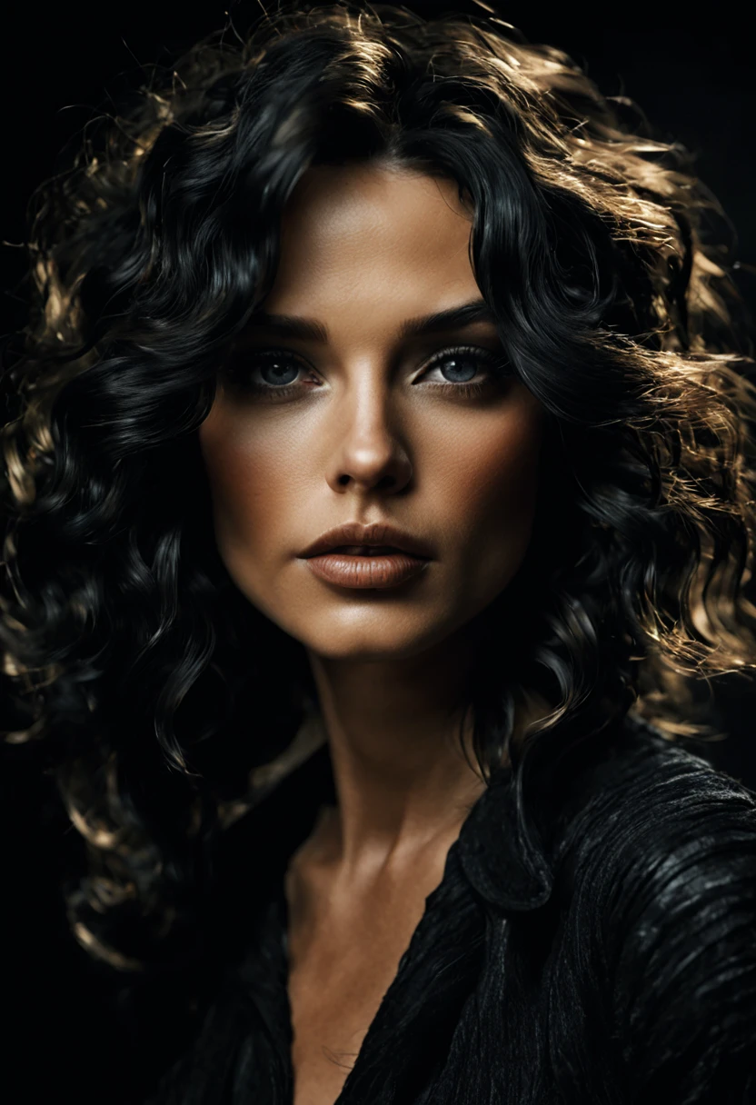 a beautiful woman, in the style of texture-rich layers, dark black and light black, the pictures generation, natural lighting, textural layers, celebrity image mashups, wavy