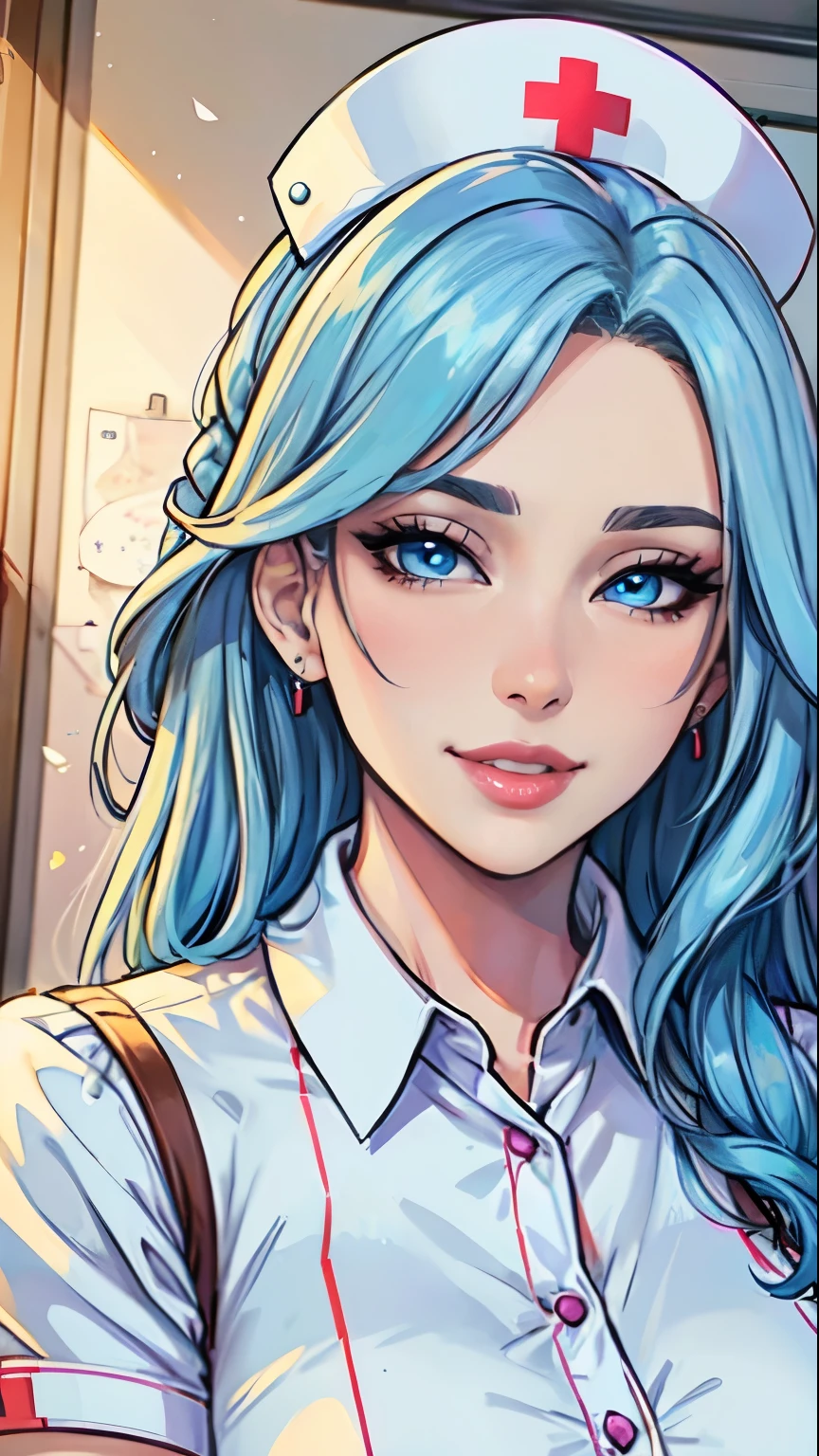 Masterpiece, raw,  beautiful art, professional artist, 8k, art style by sciamano240, very detailed face, very detailed hair, 1 mature woman, perfectly drawn body, beautiful face, long hair, light blue hair , very detailed blue eyes, pouty lips , rosey cheeks, intricate details in eyes, playful smile, looking directly at viewer , in love with viewer expression, wedding ring , lipstick, very close up on face, sunny day, hospital room, wearing nurse uniform, legware,
