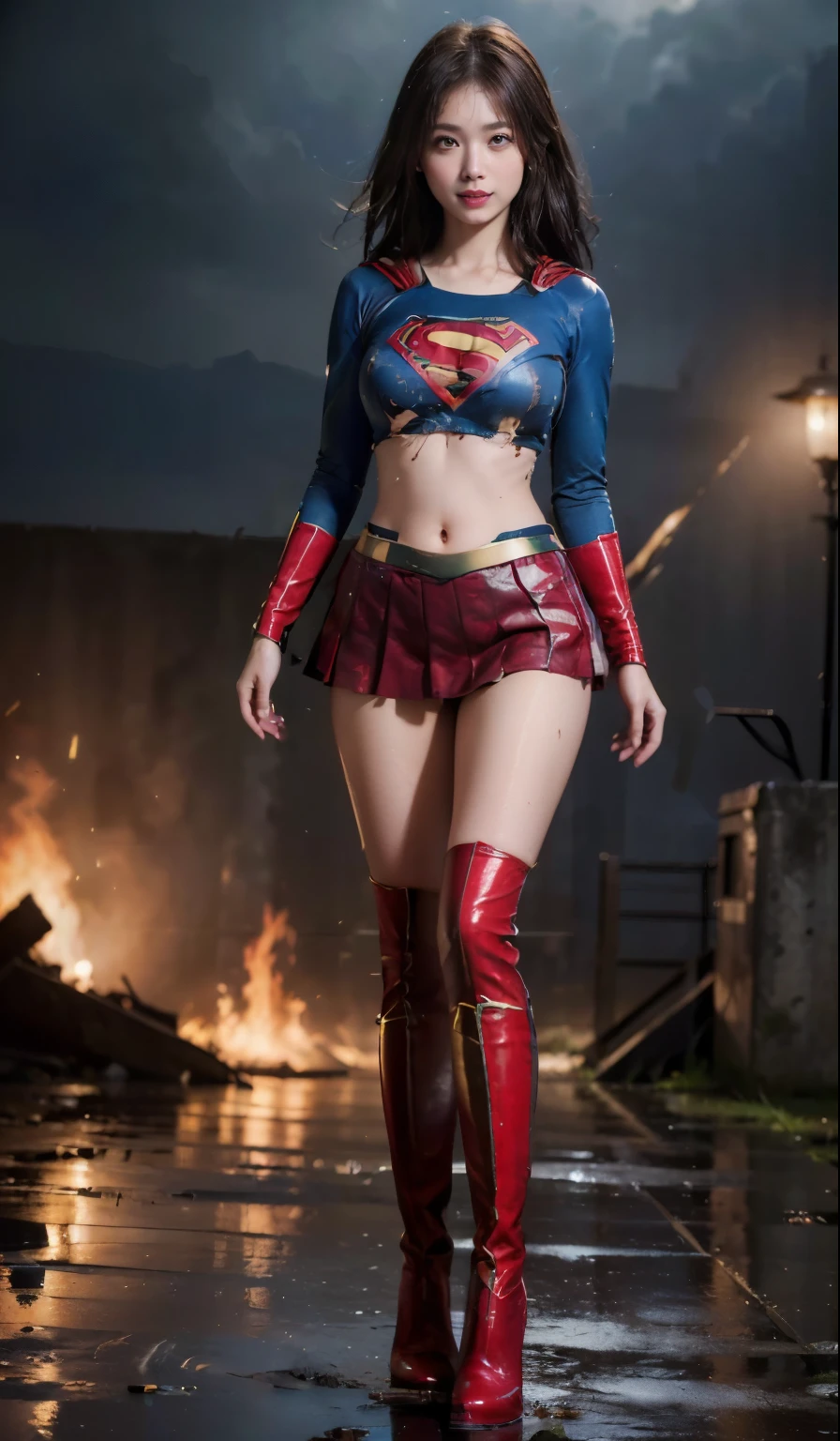 no background、short hair、supergirl costume、Snug costume、(((stretch your legs、tall、Legally express the beauty of your smile)))、((((Get the most out of your original images)))、(((supergirl costume、torn、Tattered、being destroyed)))、(((beautiful hair)))、(((I&#39;m in pain)))、(((Legs must be worn with black tightust wear red boots、being destroyed)))、((Highest image quality、8K))、((highest quality、8K、masterpiece:1.3))、(((keep background )))、clear focus:1.2、beautiful woman with perfect figure:1.4、Full of scars、bloody、full of blood、slender abs:1.2、wet body:1.5、Highly detailed face and skin texture、8K