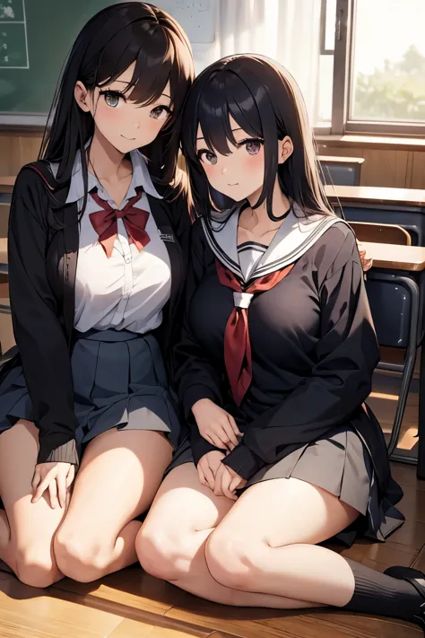 High quality, anime, full body, sincere girl and lazy girl lesbian couple, Japanese, cute, narrow between the eyes, big eyes, small nose, big breasts, slender, school uniform, classroom, skinship,