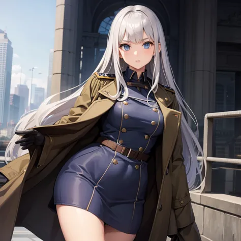 A beautiful girl with long silver hair and a military uniform coat.