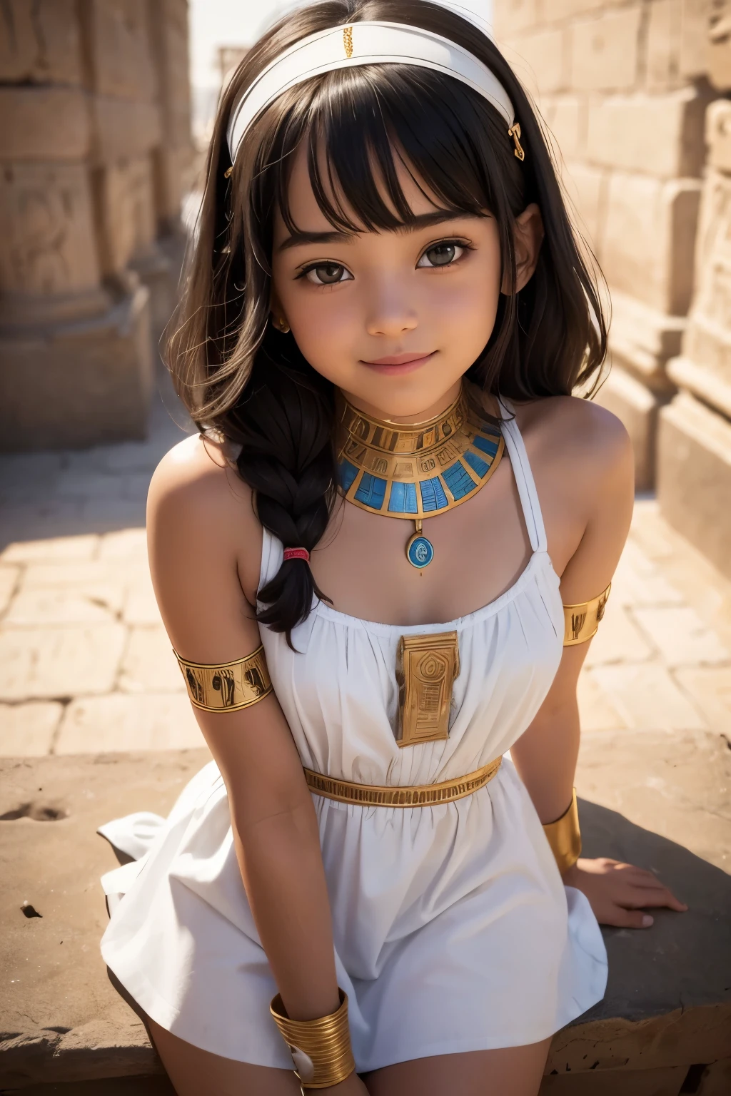 Cute teen girl in ancient Egyptian white mini dress, portrait, smile, depth of field, UHD, retina, masterpiece, ccurate, textured skin, anatomically correct, super detail, high details, high quality, award winning, best quality, highres, 1080P, 16k, 8k, 4K, HD