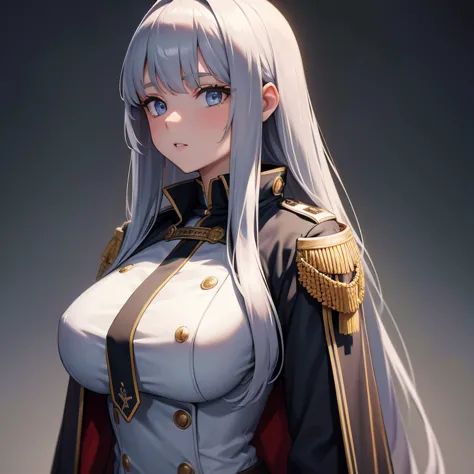 （masterpiece,8K）A long shot of a beautiful girl with long silver hair and large bust standing in military coat.