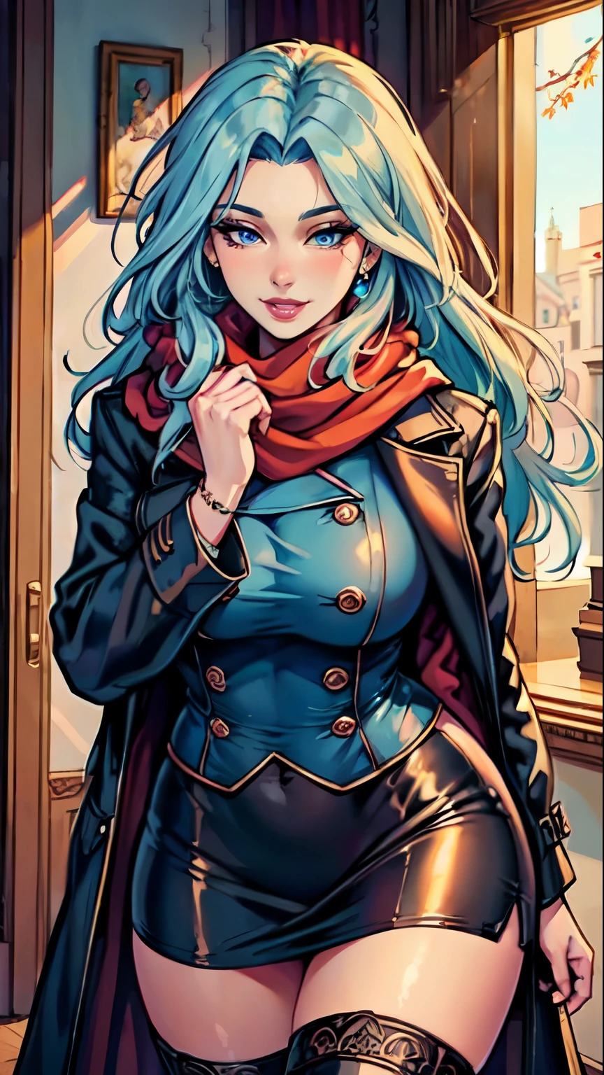 A woman with blue hair and a black coat is posing - SeaArt AI