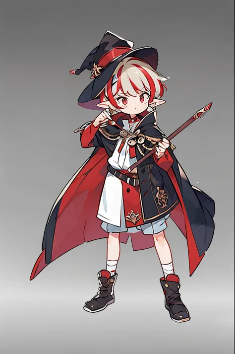 ((masterpiece)), ((best quality)), 1boy, solo, Concept art, standing figure painting, (elf), BREAK blonde hair, ((highlights hair, red streaked hair)), red cool eyes, BREAK (red and black theme), wizard costume, having a magical staff, BREAK ((no backgroun...