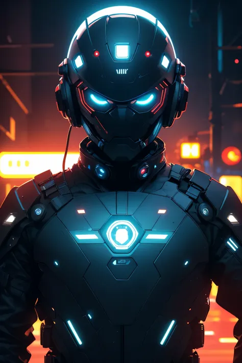 a person in a cyberhelmet at night,pixel, dark, neon lights, cinematic lighting,tactical oversized jacket, closeup, cyberpunk, h...