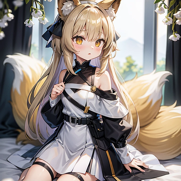 masterpiece, highest quality,arknights,lily of the valley,lily of the valley（arknights）,small,furry ears,Big fox ears,Nine Tails,pale blonde hair,Light blue headband,Mitsuami,yellow eyes,calm face,off shoulder combat uniform