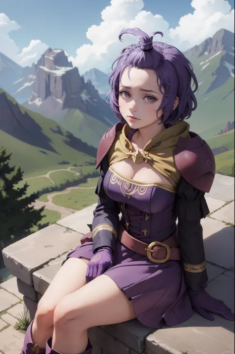 masterpiece, best quality, hopesBernie, topknot, purple dress, cleavage, gloves, purple boots, sitting, looking at viewer, worried, sky, clouds, mountain, hills 