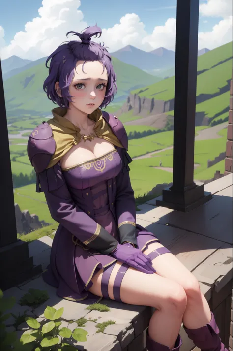 masterpiece, best quality, hopesbernie, topknot, purple dress, cleavage, gloves, purple boots, sitting, looking at viewer, worri...