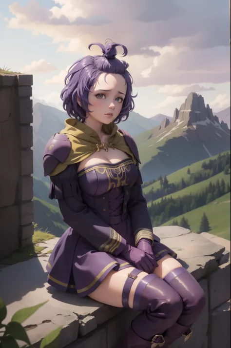 masterpiece, best quality, hopesBernie, topknot, purple dress, cleavage, gloves, purple boots, sitting, looking at viewer, worried, sky, clouds, mountain, hills 