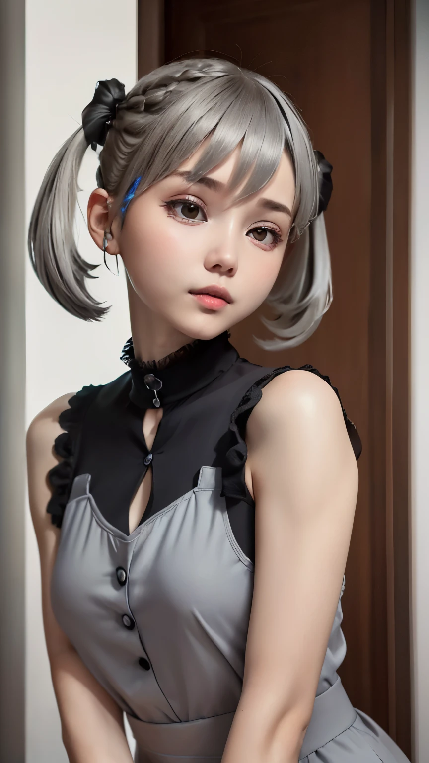 ((wallpaper 8k)), ((surreal)), ((Quality with attention to detail:1.2)), 1 girl, １４talent、kind eyes、plump lips、Ash gray hair、An ennui look、(((small breasts、small breasts)))、black classy dress,Black capelet, look up, Widespread poverty, (((short cut hair、short hair twintails、Ash gray hair:1.5)))、white skin