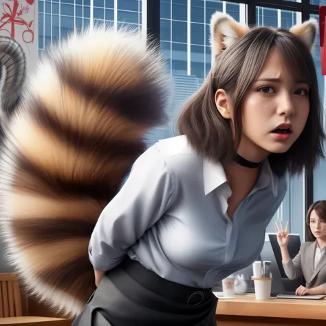 a woman stands with a tanuki tail, (software) safe for work, fur with tail, software version, coworkers, realistic style, , real...