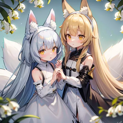 masterpiece, highest quality,arknights,lily of the valley,lily of the valley（arknights）,small,furry ears,Big fox ears,Nine Tails...