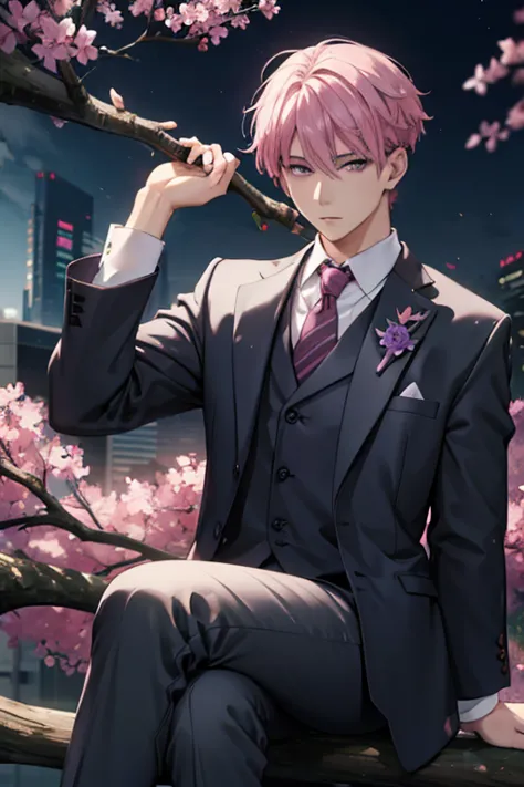 A pink haired handsome male reaper with violet eyes is sitting on a branch